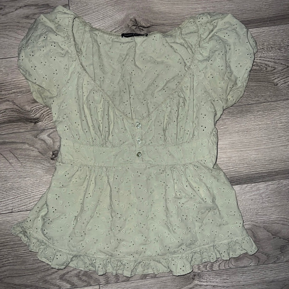Brandy Melville Green Ruffled Cap Sleeve Blouse